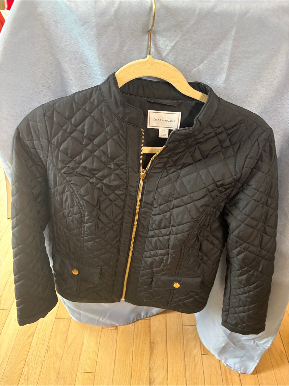 Charter Club Black Quilted Jacket with Gold Zip